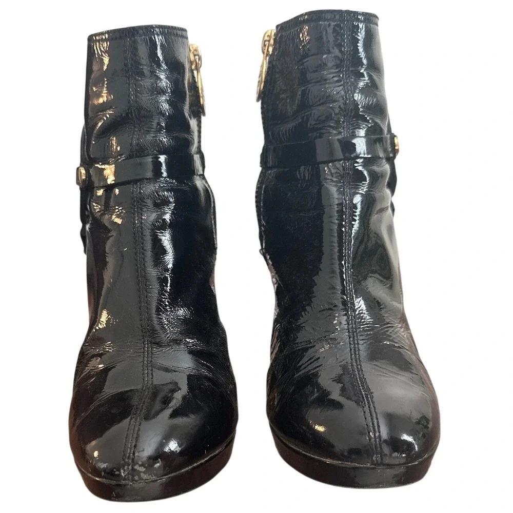 Tory Burch Whitney Booties Black Patent Leather Logo Platform Size 8